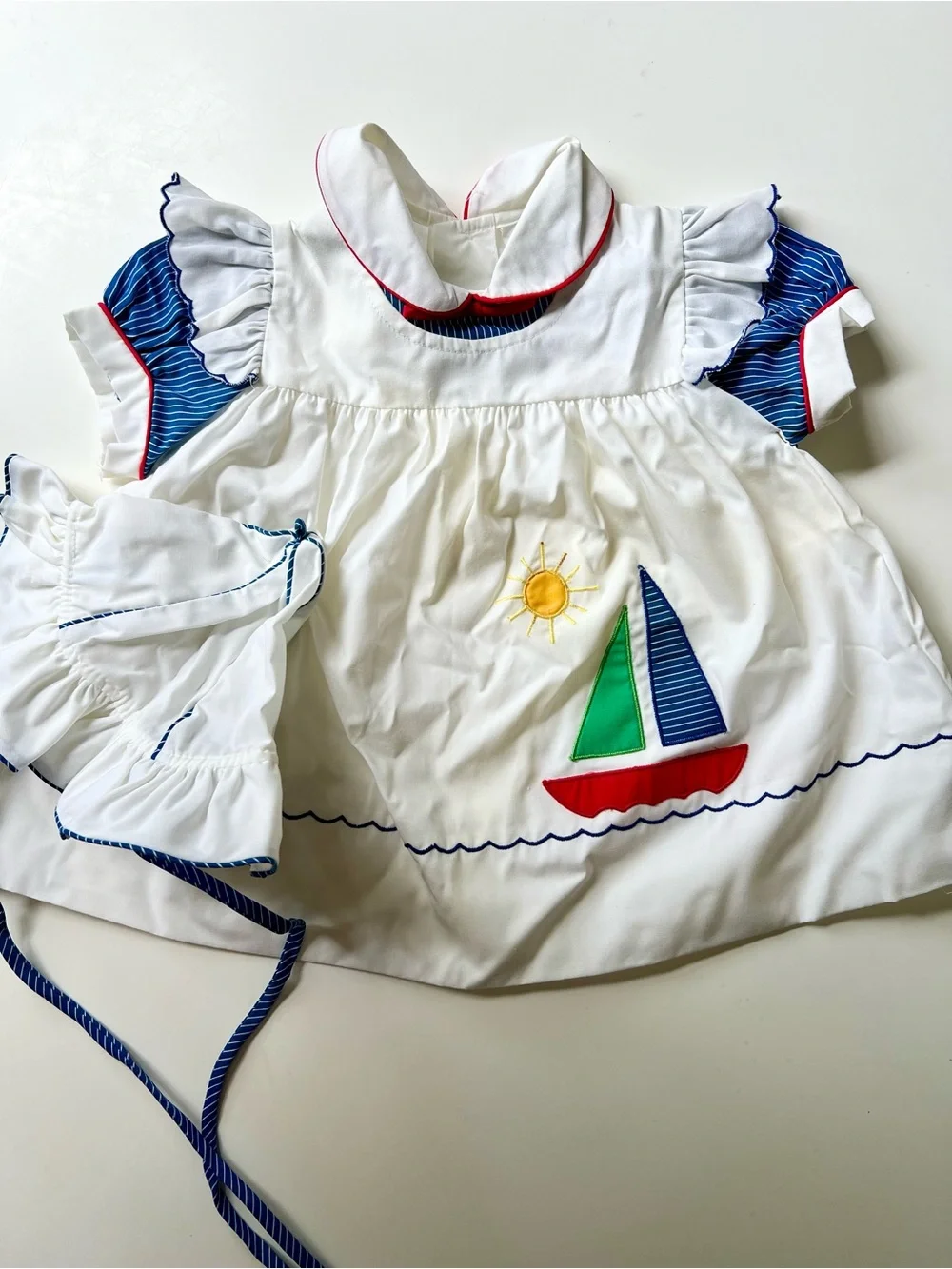 Vintage Nautical Sailboat Baby Dress and Bonnet Set